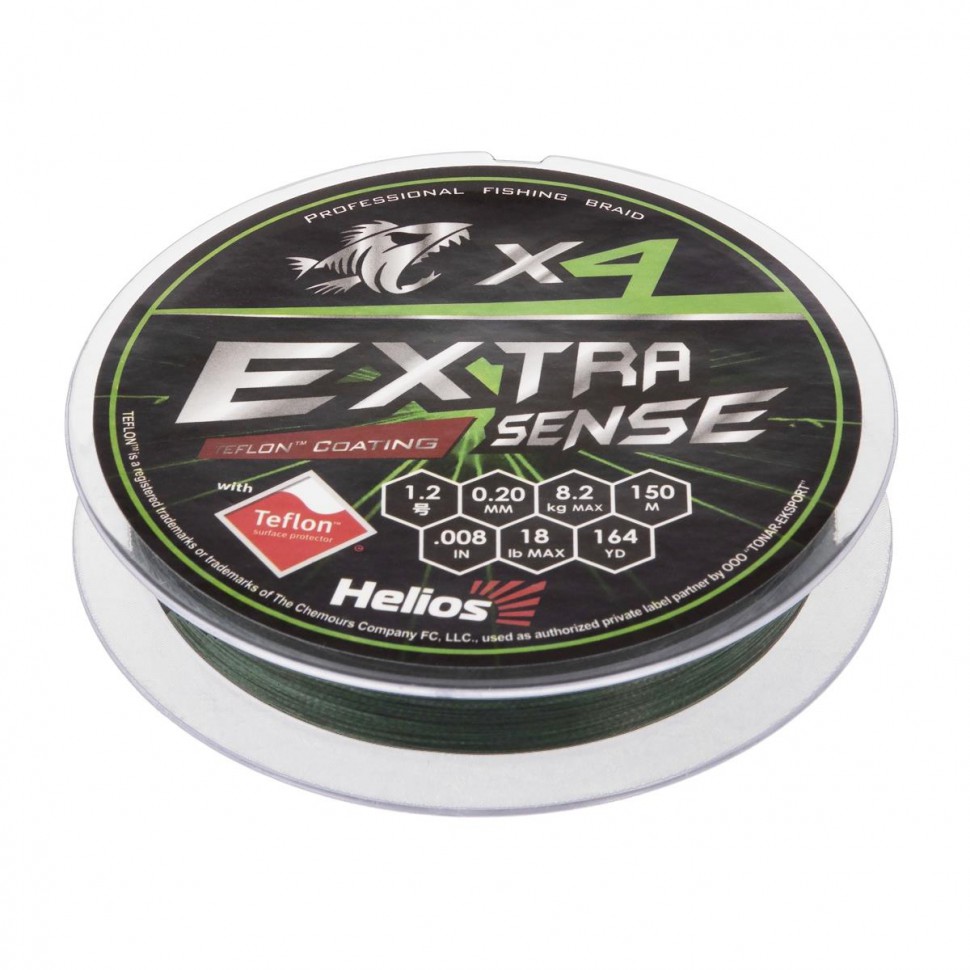 Шнур плетеный Helios Extrasense X4 PE 1.2/18LB 0,20мм 150м Green HS-ES-X4-1.2/18LB , 